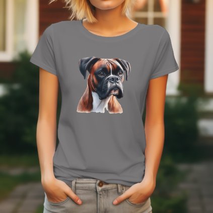Dámské ocelově šedé tričko s realistickým potiskem hlavy Německého Boxera. Originální tričko pro pejskařky.