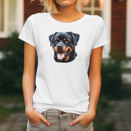 Dámské tričko s realistickým potiskem hlavy Rotvajlera. Originální tričko pro pejskařky.