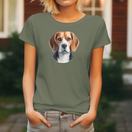 Dámské khaki tričko s realistickým potiskem hlavy Bígla. Originální tričko pro pejskařky.