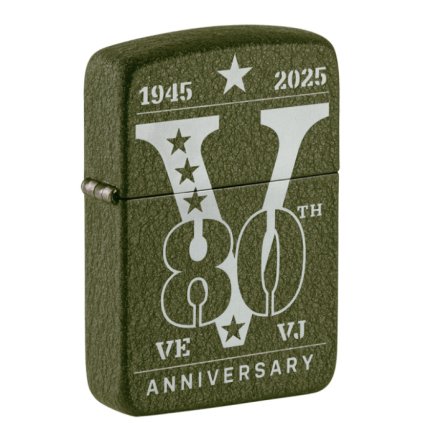 Limitovaná edice Zippo zapalovače 29163 VE/VJ 80th Anniversary Collectible s Green Crackle povrchem a pamětním gravírováním 1945-2025. Sběratelský Zippo.