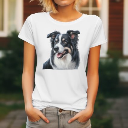 Dámské tričko s detailním realistickým potiskem hlavy černobílé Border kolie s otevřenou tlamou.