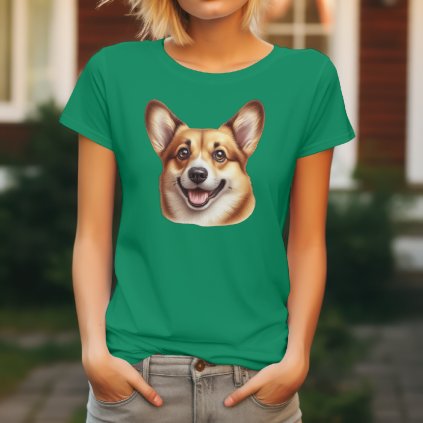 Středně zelené dámské tričko s detailním realistickým potiskem hlavy usměvavého psa plemene Welsh Corgi Pembroke.