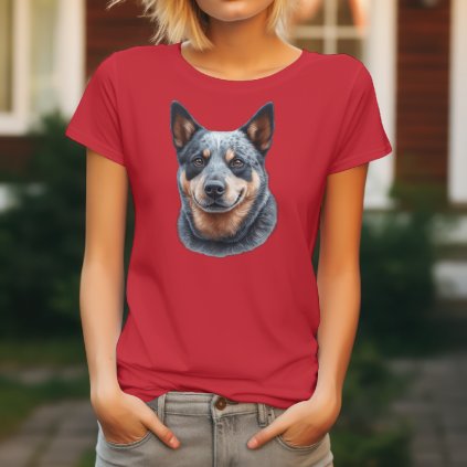Červené dámské tričko s detailním realistickým potiskem hlavy Australského honáckého psa s inteligentním pohledem.