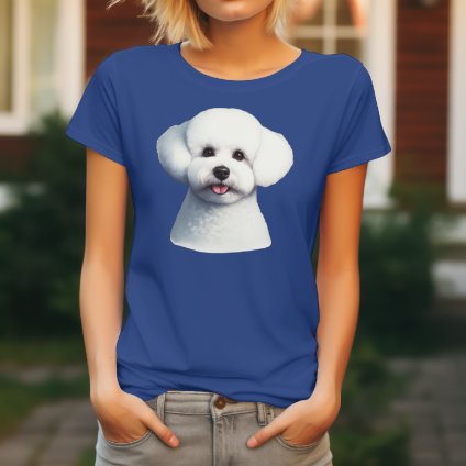Královsky modré dámské tričko s detailním realistickým potiskem hlavy bílého psa plemene Bichon Frisé s růžovým jazykem.