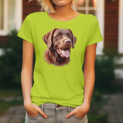 Limetkově zelené dámské tričko s realistickým hnědým potiskem hlavy Chesapeake Bay retrívra s vyplazeným jazykem.