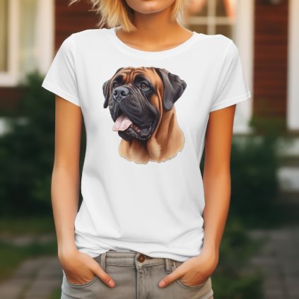 Bílé dámské tričko s detailním realistickým potiskem hlavy psa plemene Bullmastif s typickou tmavou maskou a přátelským výrazem.
