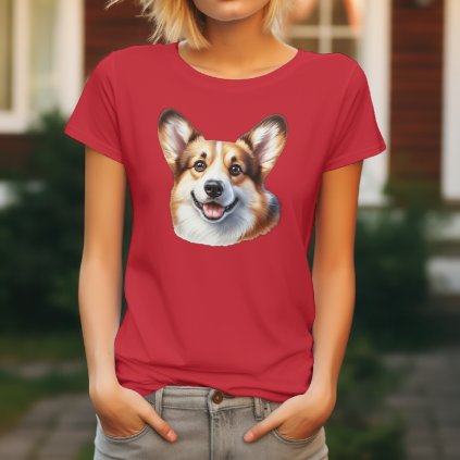 Dámské tričko s detailním realistickým potiskem hlavy usmívajícího se psa plemene Welsh Corgi Cardigan s velkýma ušima.