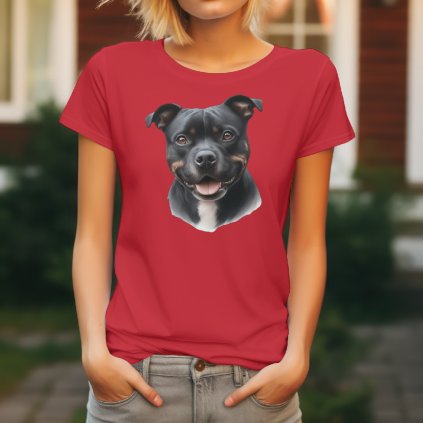 Červené dámské tričko s detailním realistickým potiskem hlavy usmívajícího se černého Stafordširského bulteriéra s bílou náprsenkou.