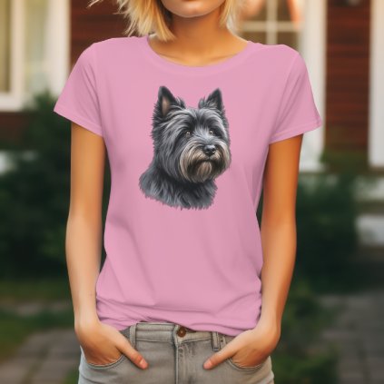 Růžové dámské tričko s realistickým uměleckým potiskem hlavy Cairn teriéra s typickou šedou střapatou srstí a bystrýma očima.