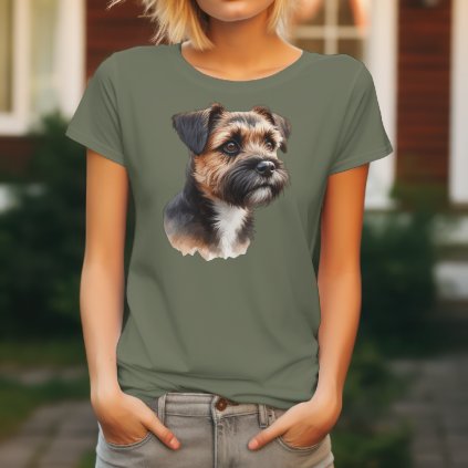 Khaki dámské tričko s detailním realistickým potiskem hlavy Border teriéra s hnědou srstí a inteligentním pohledem.