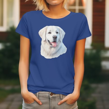 Královsky modré dámské tričko s detailním realistickým potiskem hlavy bílého psa Kuvasz s hustou srstí a moudrým pohledem.