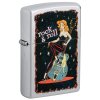 Zapalovač Zippo Satin Chrome™ s barevným potiskem modelky opřené o kytaru a nápisem rock & roll.