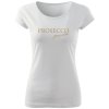 bílé dámské tričko s krátkým rukávem a kulatým výstřihem. Uprostřed trička je zlatým písmem napsáno "PROSECCO" a pod ním menším a elegantnějším písmem "prosim".