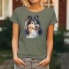 Dámské tričko s detailním realistickým potiskem hlavy Shetlandského ovčáka (Šeltie) s inteligentním výrazem.
