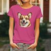 Dámské tričko s detailním realistickým potiskem hlavy usměvavého psa plemene Welsh Corgi Pembroke.