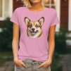 Dámské tričko s detailním realistickým potiskem hlavy usměvavého psa plemene Welsh Corgi Pembroke.