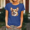Dámské tričko s detailním realistickým potiskem hlavy usměvavého psa plemene Welsh Corgi Pembroke.