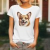 Dámské tričko s detailním realistickým potiskem hlavy usměvavého psa plemene Welsh Corgi Pembroke.