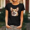 Dámské tričko s detailním realistickým potiskem hlavy usměvavého psa plemene Welsh Corgi Pembroke.