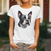 Dámské tričko s detailním realistickým potiskem hlavy černobílého psa plemene Bostonský teriér s velkýma očima.