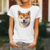 Dámské tričko s detailním realistickým potiskem usměvavé hlavy psa plemene Shiba-Inu.