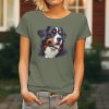 Dámské tričko s detailním realistickým potiskem usměvavé hlavy Bernského salašnického psa s vyplazeným jazykem.