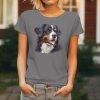 Dámské tričko s detailním realistickým potiskem usměvavé hlavy Bernského salašnického psa s vyplazeným jazykem.