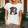 Dámské tričko s detailním realistickým potiskem usměvavé hlavy Bernského salašnického psa s vyplazeným jazykem.