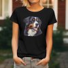 Dámské tričko s detailním realistickým potiskem usměvavé hlavy Bernského salašnického psa s vyplazeným jazykem.