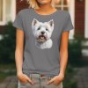 Dámské tričko s detailním realistickým potiskem hlavy bílého psa plemene West Highland White Teriér s otevřenou tlamou.