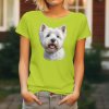 Dámské tričko s detailním realistickým potiskem hlavy bílého psa plemene West Highland White Teriér s otevřenou tlamou.