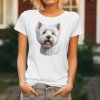 Dámské tričko s detailním realistickým potiskem hlavy bílého psa plemene West Highland White Teriér s otevřenou tlamou.