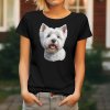 Černé dámské tričko s detailním realistickým potiskem hlavy bílého psa plemene West Highland White Teriér s otevřenou tlamou.