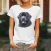 Bílé dámské tričko s detailním realistickým potiskem hlavy černého Novofundlandského psa s přátelským výrazem a vyplazeným jazykem.