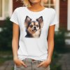 Dámské tričko s detailním realistickým potiskem hlavy dlouhosrsté čivavy s velkýma hnědýma očima.
