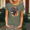 Dámské tričko s detailním realistickým potiskem hlavy psa plemene Bullmastif s typickou tmavou maskou a přátelským výrazem.