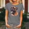 Dámské tričko s detailním realistickým potiskem hlavy psa plemene Bullmastif s typickou tmavou maskou a přátelským výrazem.