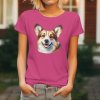 Dámské tričko s detailním realistickým potiskem hlavy usmívajícího se psa plemene Welsh Corgi Cardigan s velkýma ušima.