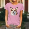 Dámské tričko s detailním realistickým potiskem hlavy usmívajícího se psa plemene Welsh Corgi Cardigan s velkýma ušima.