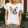 Dámské tričko s detailním realistickým potiskem hlavy usmívajícího se psa plemene Welsh Corgi Cardigan s velkýma ušima.