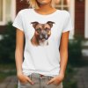 Dámské tričko s detailním realistickým potiskem hlavy hnědého Stafordširského bulteriéra s bílou náprsenkou.