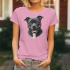 Dámské tričko s detailním realistickým potiskem hlavy usmívajícího se černého Stafordširského bulteriéra s bílou náprsenkou.
