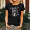 Dámské tričko s detailním realistickým potiskem hlavy usmívajícího se černého Stafordširského bulteriéra s bílou náprsenkou.