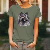 Dámské tričko s detailním realistickým potiskem hlavy Vlčího špice s charakteristickou šedou srstí a bystrým výrazem.