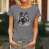 Dámské tričko s detailním realistickým potiskem hlavy Vlčího špice s charakteristickou šedou srstí a bystrým výrazem.