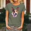 Dámské tričko s detailním realistickým potiskem hlavy basenji s rezavou srstí a špičatýma ušima.