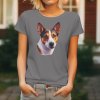 Dámské tričko s detailním realistickým potiskem hlavy basenji s rezavou srstí a špičatýma ušima.