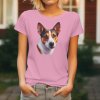 Dámské tričko s detailním realistickým potiskem hlavy basenji s rezavou srstí a špičatýma ušima.