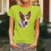 Dámské tričko s detailním realistickým potiskem hlavy basenji s rezavou srstí a špičatýma ušima.