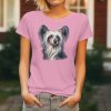 Dámské tričko s detailním realistickým potiskem hlavy čínského chocholatého psa s bohatou šedobílou hřívou.